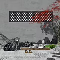 Zen Style Garden Courtyard With Gray Wall Red Maple Tree Stone Arrangement And Gravel Patterns