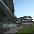 Contemporary Hotel Building With Curved Design Glass Facade Green Lawn And Walkway