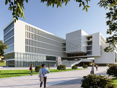 Modern White Library Building With Large Glass Windows Grid Design Green Lawn And People Walking 3d model