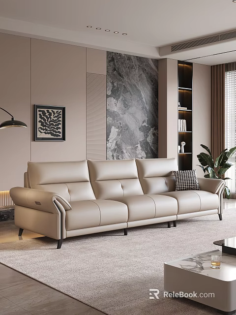 Modern Three Seater Leather Sofa In Interior With Marble Wall Decorative Painting And Green Plant 3d model 