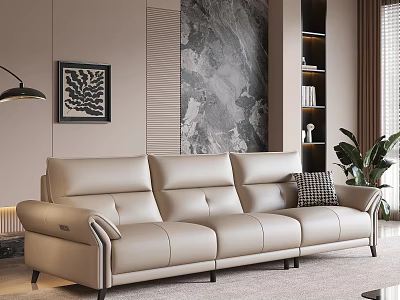 Modern Three Seater Leather Sofa In Interior With Marble Wall Decorative Painting And Green Plant 3d model