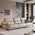 Modern Three Seater Leather Sofa In Interior With Marble Wall Decorative Painting And Green Plant