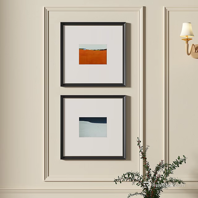 Two Black Framed Landscape Paintings With Orange And Blue Sections Hanging On Light Colored Wall 3d model 