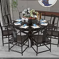 Chinese Style Round Dining Table Set With Chairs And Decorative Vases Candles 3d model