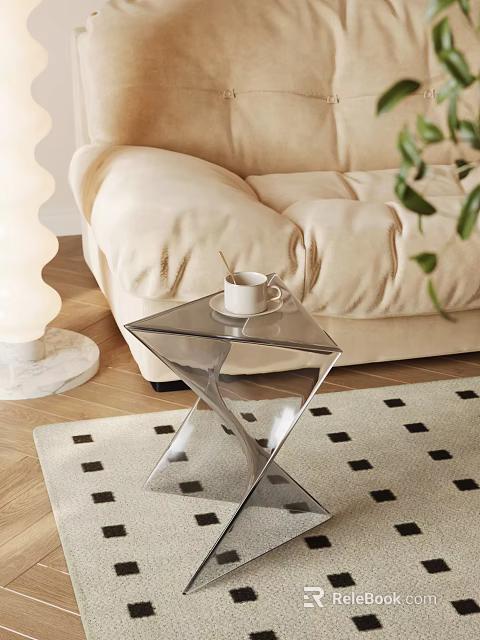 Modern Living Room Side Table With Transparent Glass Top And Geometric Base By Beige Sofa 3d model 