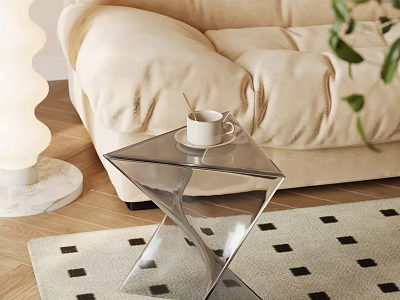 Modern Living Room Side Table With Transparent Glass Top And Geometric Base By Beige Sofa 3d model