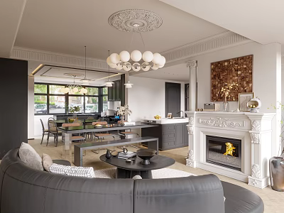 Modern Dining and Living Room Interior With Gray Sofa Dining Table Chandelier and Fireplace 3d model