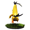 Yellow Chicken Doll Running on Green Grass with Big Eyes and Open Mouth