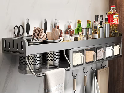 Stainless Steel Wall Mounted Kitchen Rack With Spices Bottles Cooking Utensils And Hooks 3d model