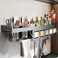 Stainless Steel Wall Mounted Kitchen Rack With Spices Bottles Cooking Utensils And Hooks