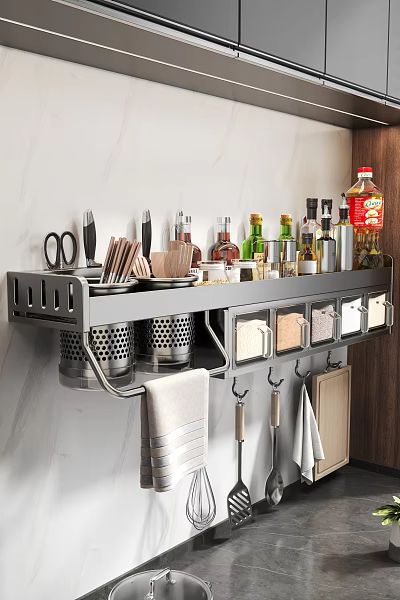 Stainless Steel Wall Mounted Kitchen Rack With Spices Bottles Cooking Utensils And Hooks 3d model