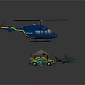 Toy Scene with Blue Helicopter Colorful Cars Small Tent and Shark Model on Wooden Board