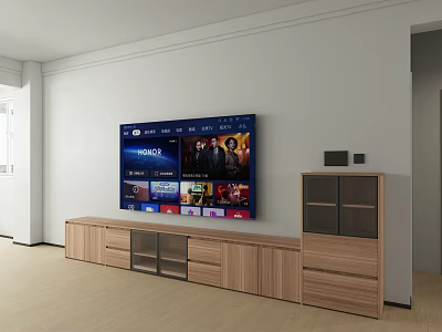 Modern Living Room Wooden TV Stand with Storage Drawers and Glass Doors 3d model
