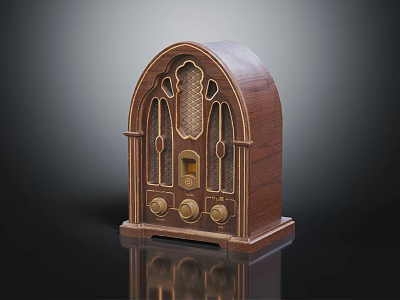 Vintage Electronic Radio With Wooden Case Arched Design And Golden Knobs 3d model
