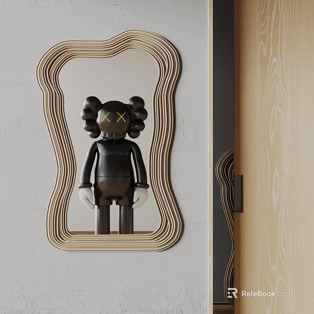 Wooden Wavy Frame Mirror With Black Doll And Yellow X Eyes On Gray Wall 3d model 