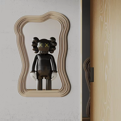 Wooden Wavy Frame Mirror With Black Doll And Yellow X Eyes On Gray Wall 3d model