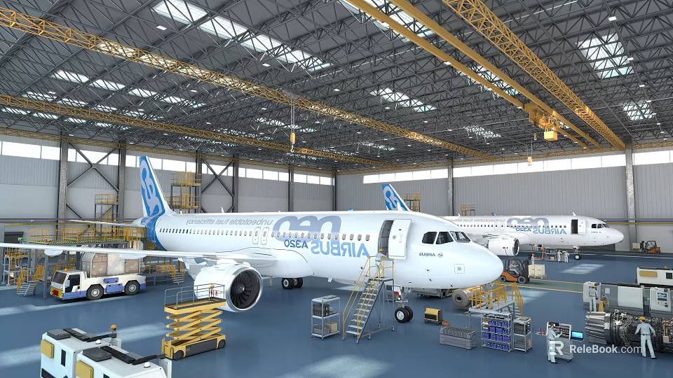 Inside Airport Maintenance Hangar With Airbus Aircraft And Repair Equipment 3d model 