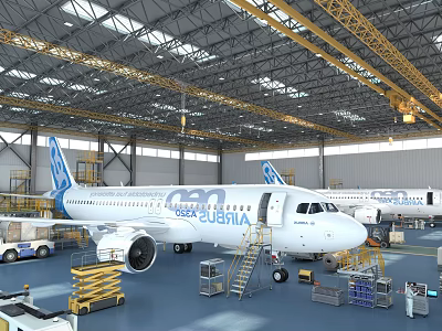 Inside Airport Maintenance Hangar With Airbus Aircraft And Repair Equipment 3d model