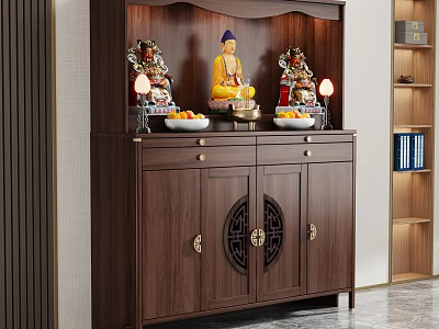 Traditional Wooden Buddhist Shrine Cabinet With Buddha Statue Fruit Offerings And Circular Door Accents 3d model