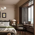Classic Style Bedroom Interior With Chandelier Decorative Paintings Area Rug And Wooden Furniture