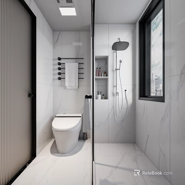 Modern Bathroom Design With White Marble Walls Smart Toilet Shower System Towel Rack And Window 3d model 