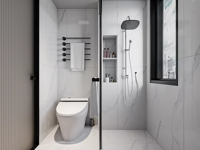 Modern Bathroom Design With White Marble Walls Smart Toilet Shower System Towel Rack And Window 3d model