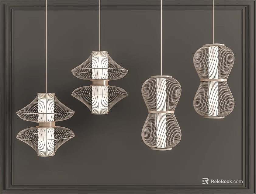 Set Of Four Modern Mesh Chandeliers With Metallic Frame And White Accents 3d model 