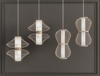 Set Of Four Modern Mesh Chandeliers With Metallic Frame And White Accents 3d model