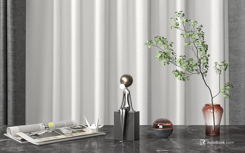 Modern Decorative Ornaments Set With Metal Sculpture Glass Vase and Green Plant on Marble Table 3d model 