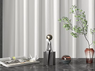 Modern Decorative Ornaments Set With Metal Sculpture Glass Vase and Green Plant on Marble Table 3d model