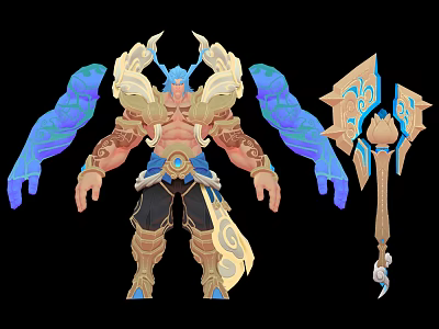 Mythical Warrior Character With Winged Creature Features And Golden Blue Ornate Weapon 3d model