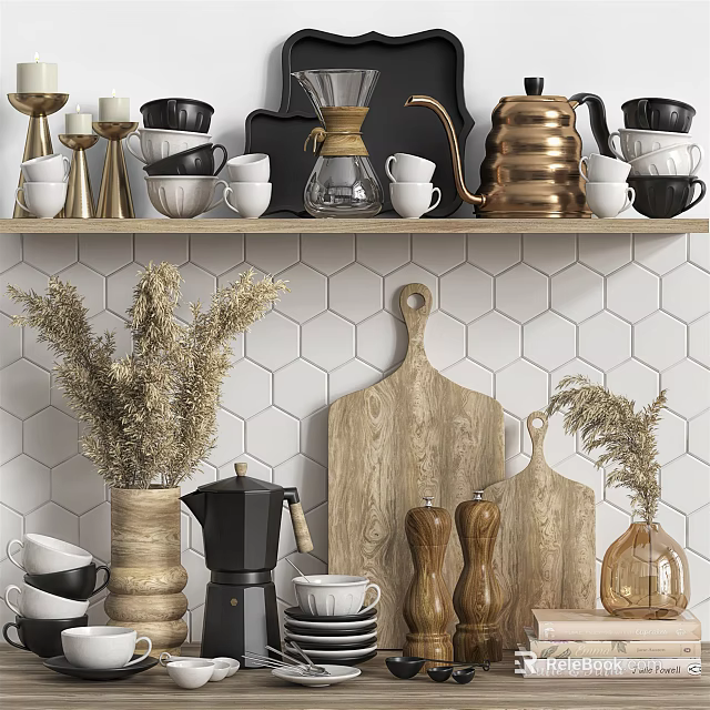 Elegant Kitchen Utensils Featuring Wooden Cutting Boards Coffee Brewers Mugs Spice Grinders And Dried Plants 3d model 