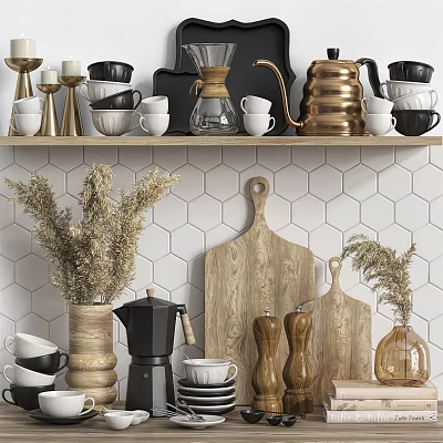 Elegant Kitchen Utensils Featuring Wooden Cutting Boards Coffee Brewers Mugs Spice Grinders And Dried Plants 3d model