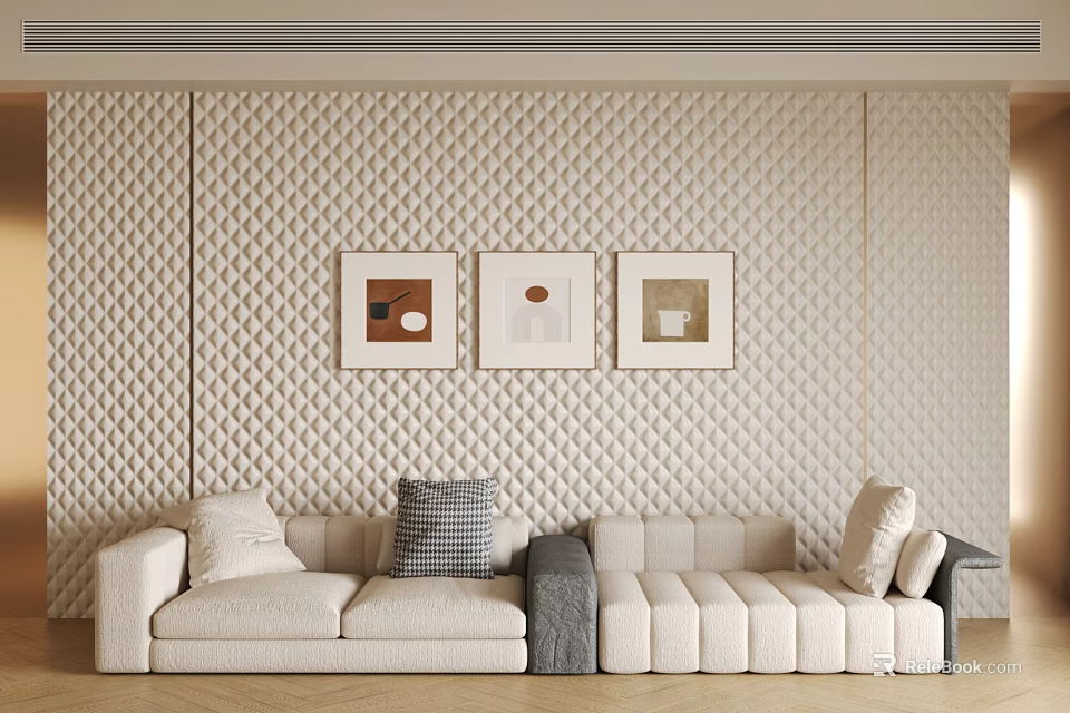 Beige Three Seater Sofa With Diamond Textured Wall And Three Decorative Paintings Checkered Cushion 3d model 