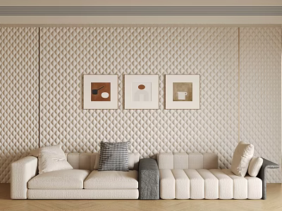 Beige Three Seater Sofa With Diamond Textured Wall And Three Decorative Paintings Checkered Cushion 3d model