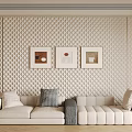 Beige Three Seater Sofa With Diamond Textured Wall And Three Decorative Paintings Checkered Cushion