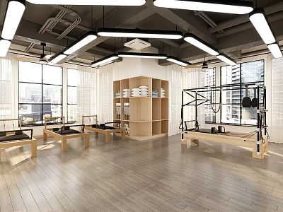 Bright Pilates Studio Interior With Equipment And Natural Light 3d model