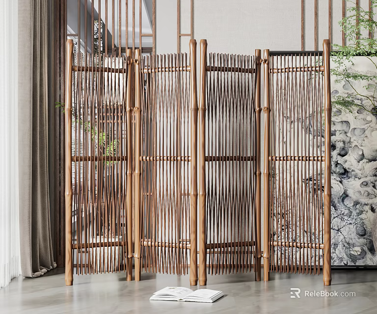 Folding Bamboo Room Divider With Natural Design And Greenery Elements 3d model