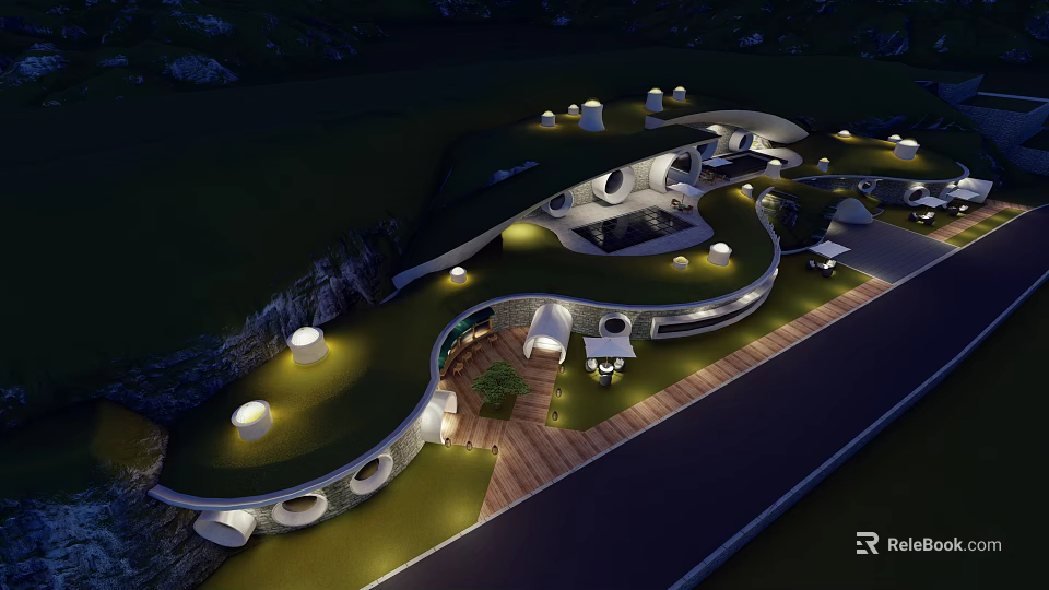 Modern Hillside Boutique Villa Building With Curved Green Roof Outdoor Terrace And Pool Lighting 3d model 