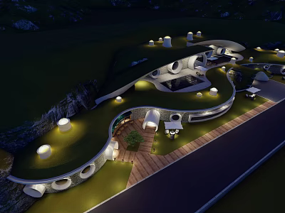 Modern Hillside Boutique Villa Building With Curved Green Roof Outdoor Terrace And Pool Lighting 3d model