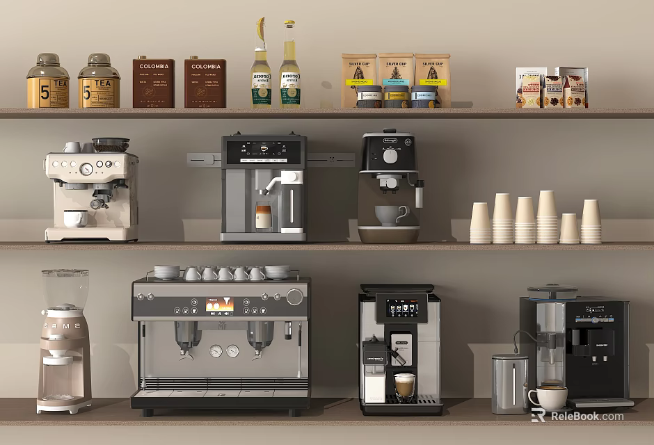 Modern Kitchen Electrical Appliances With Coffee Makers Coffee Cups And Storage Jars 3d model 