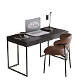 Modern Black Desk With Laptop Table Lamp Coffee Cup And Brown Chair