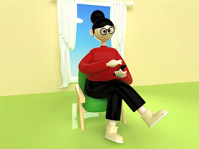 Game Movie Character With Glasses Wearing Red Sweater Sitting On Green Chair Holding Black Object 3d model
