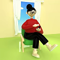 Game Movie Character With Glasses Wearing Red Sweater Sitting On Green Chair Holding Black Object