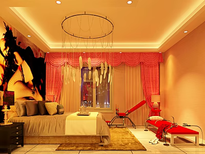 Elegant Hotel Guest Room With Bed Red Chair Bench Chandelier Curtains Carpet And Wall Artwork 3d model