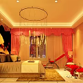 Elegant Hotel Guest Room With Bed Red Chair Bench Chandelier Curtains Carpet And Wall Artwork