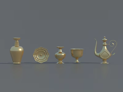 Elegant Golden Metal Tea Set Including Teapot Cups Saucer And Small Vase 3d model