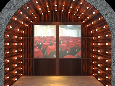 Elegant Wooden Arch Gate With Warm Light Decorations And Red Seats Inside 3d model