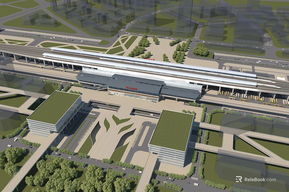 Aerial View Of Modern High speed Railway Station Architecture And Surroundings 3d model 