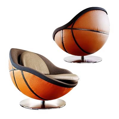 Basketball Shaped Single Sofa with Orange Leather Black Lines on Metal Base Modern Design 3d model
